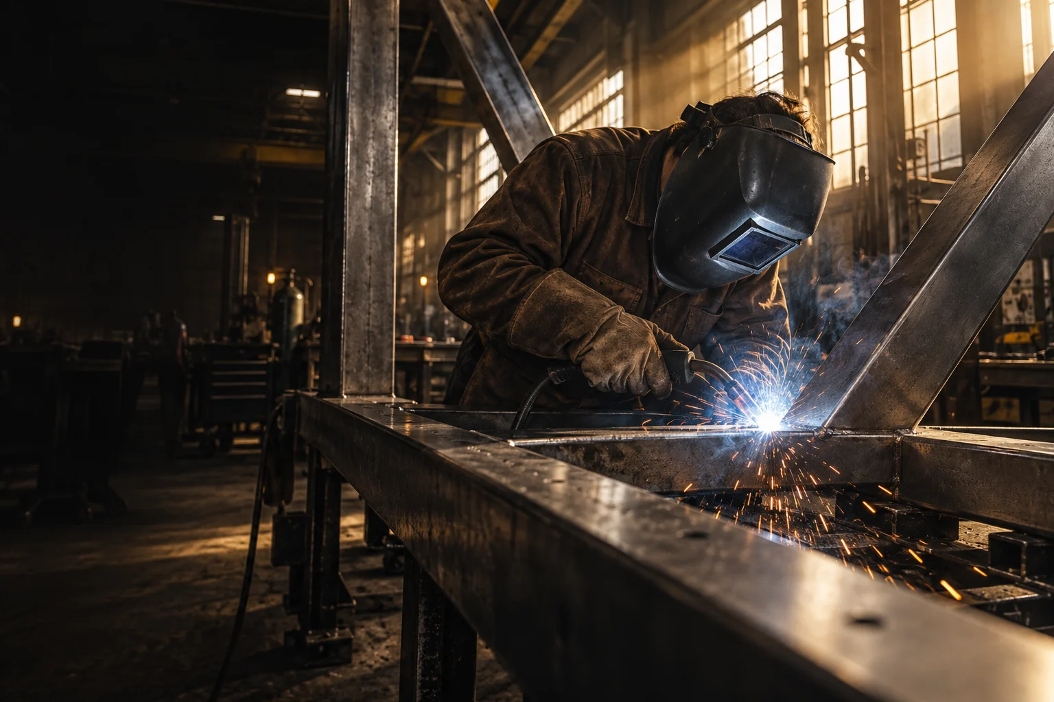 Cinematic illustration of a welder joining structural steel in a warmly lit workshop